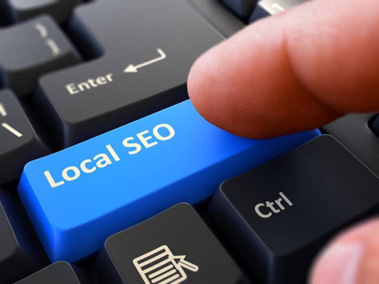 Local SEO Concept. Person Click Keyboard Button.
