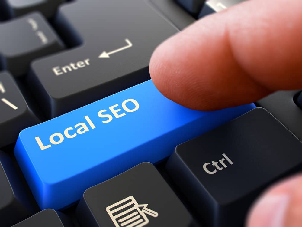 Local SEO Concept. Person Click Keyboard Button.